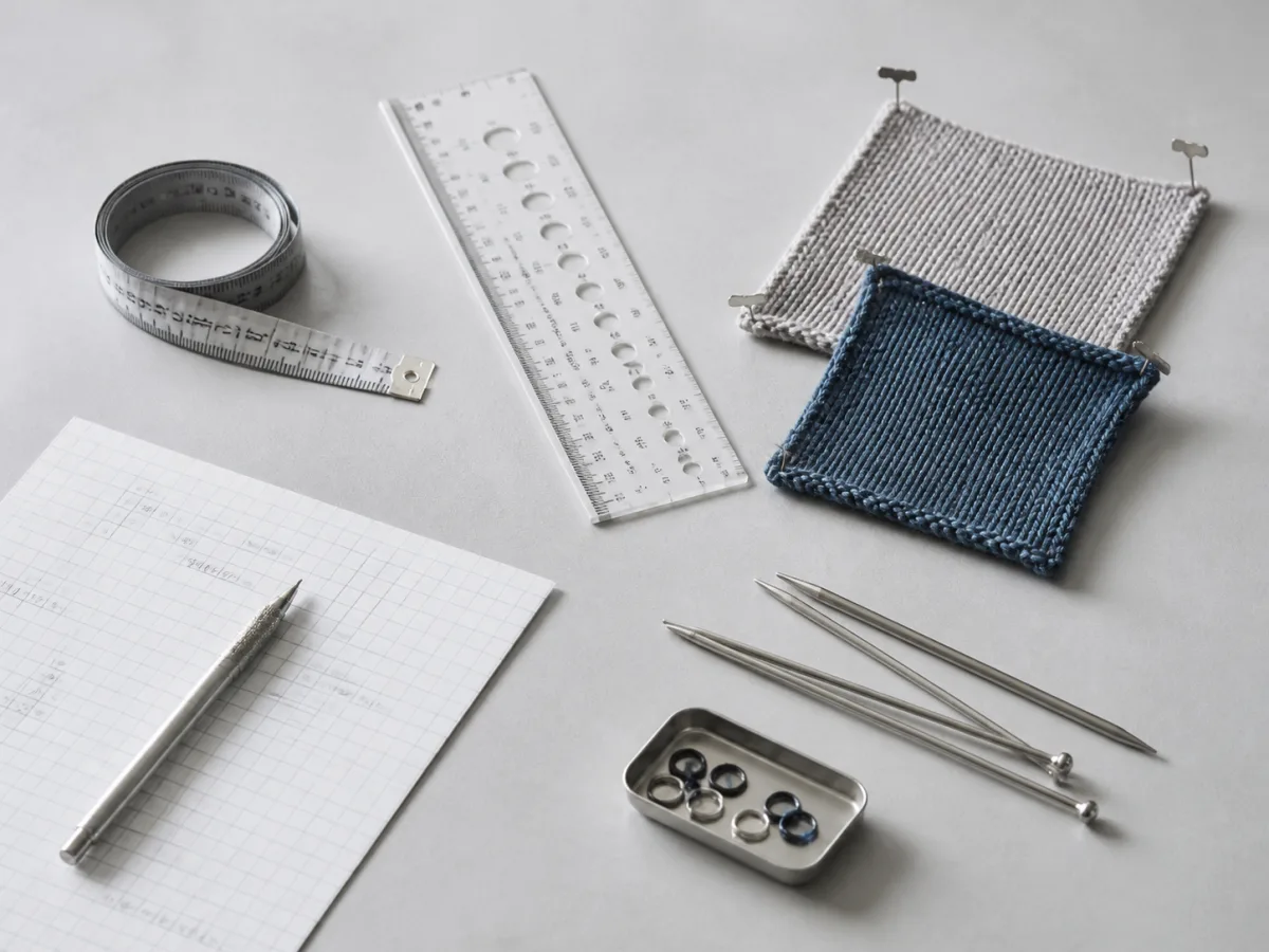 Measuring tools, knitting needles, and blocked swatches arranged on a work surface