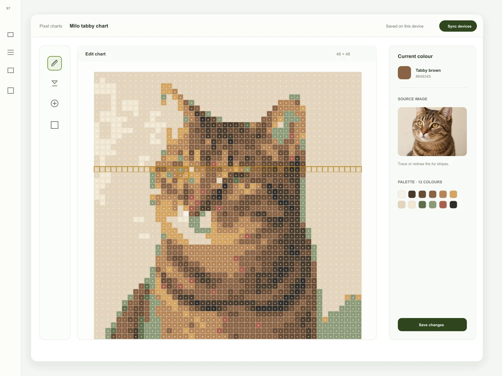 Stittli Pixel Chart editor with active drawing tools and Milo's 48 by 48 tabby portrait chart
