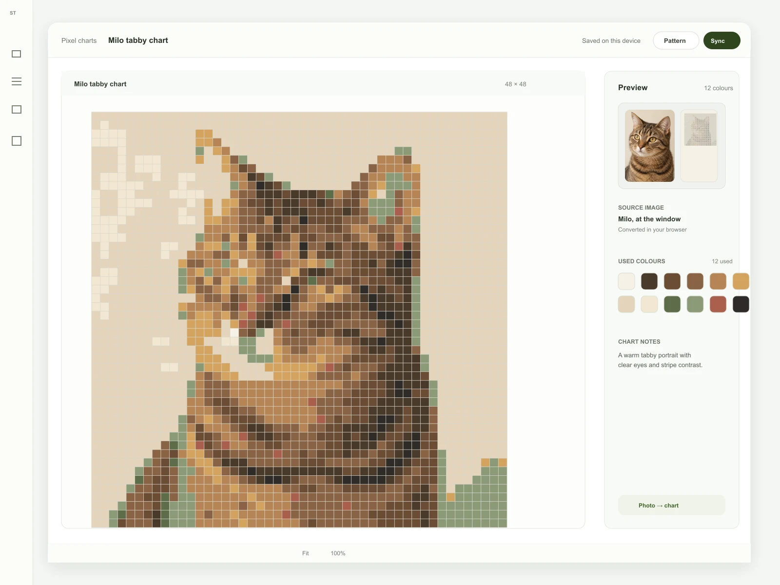 Stittli Pixel Chart editor showing Milo's 48 by 48 tabby portrait chart with a 12-colour palette